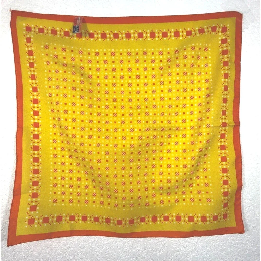 Vintage Ray Strauss Scarf 18” Yellow Orange Geometric Mod Bandana Italy Square